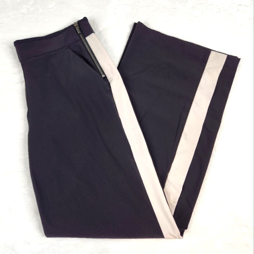 Athleta Luxe Gramercy Colorblock White Stripe Wide Leg Snap Track Pants Sz 4
